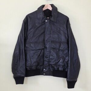 Zara Sheep Leather Bomber Jacket Mens XL Black Zip Pockets Grunge Lined Biker